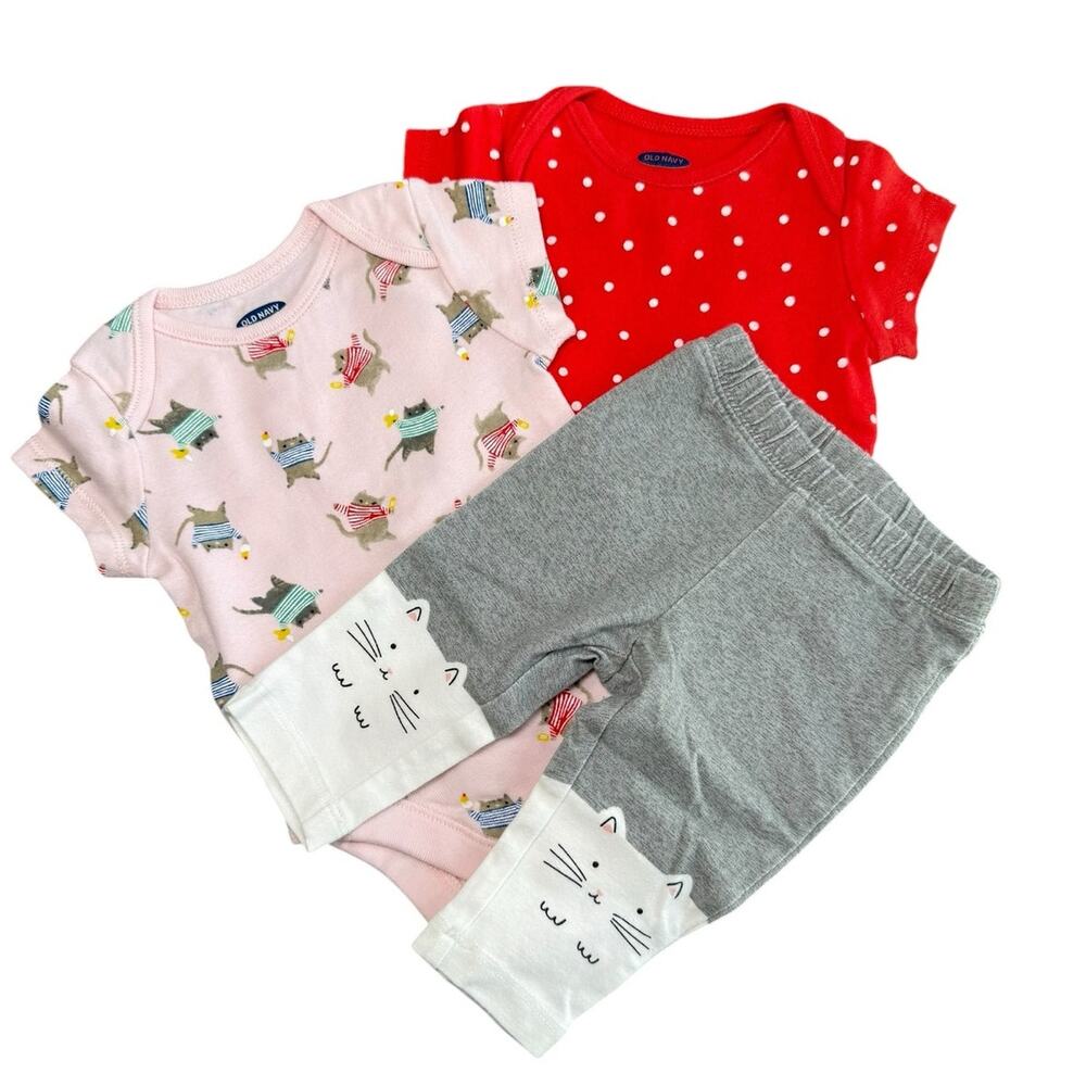 Old Navy Bodysuit Outfit Bundle Baby Girl Cat Red Pink Gray 0-3 Months